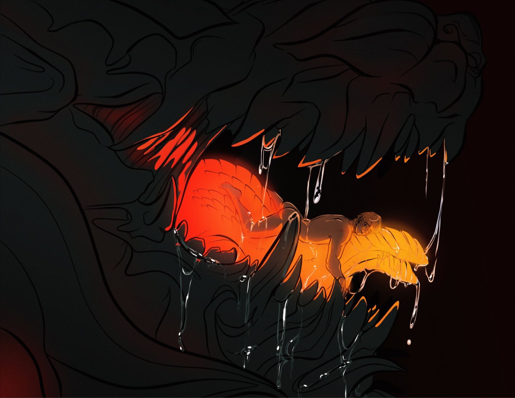 Digital drawing of Joshua laying his body along the glowing fiery tongue of Ifrit. Expression delighted and lip bitten. The maw he’s in drips with saliva the rolls down the beasts maw and along his body.