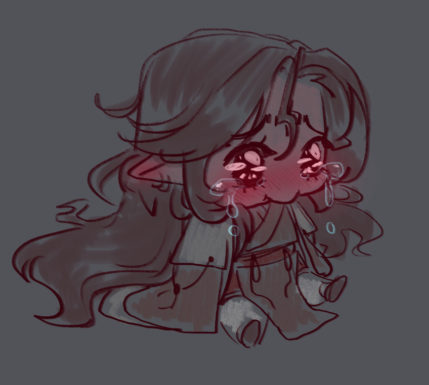 Chibi drawing of Luo Binghe sitting on the floor looking sad with big ghibli tears in his eyes. 