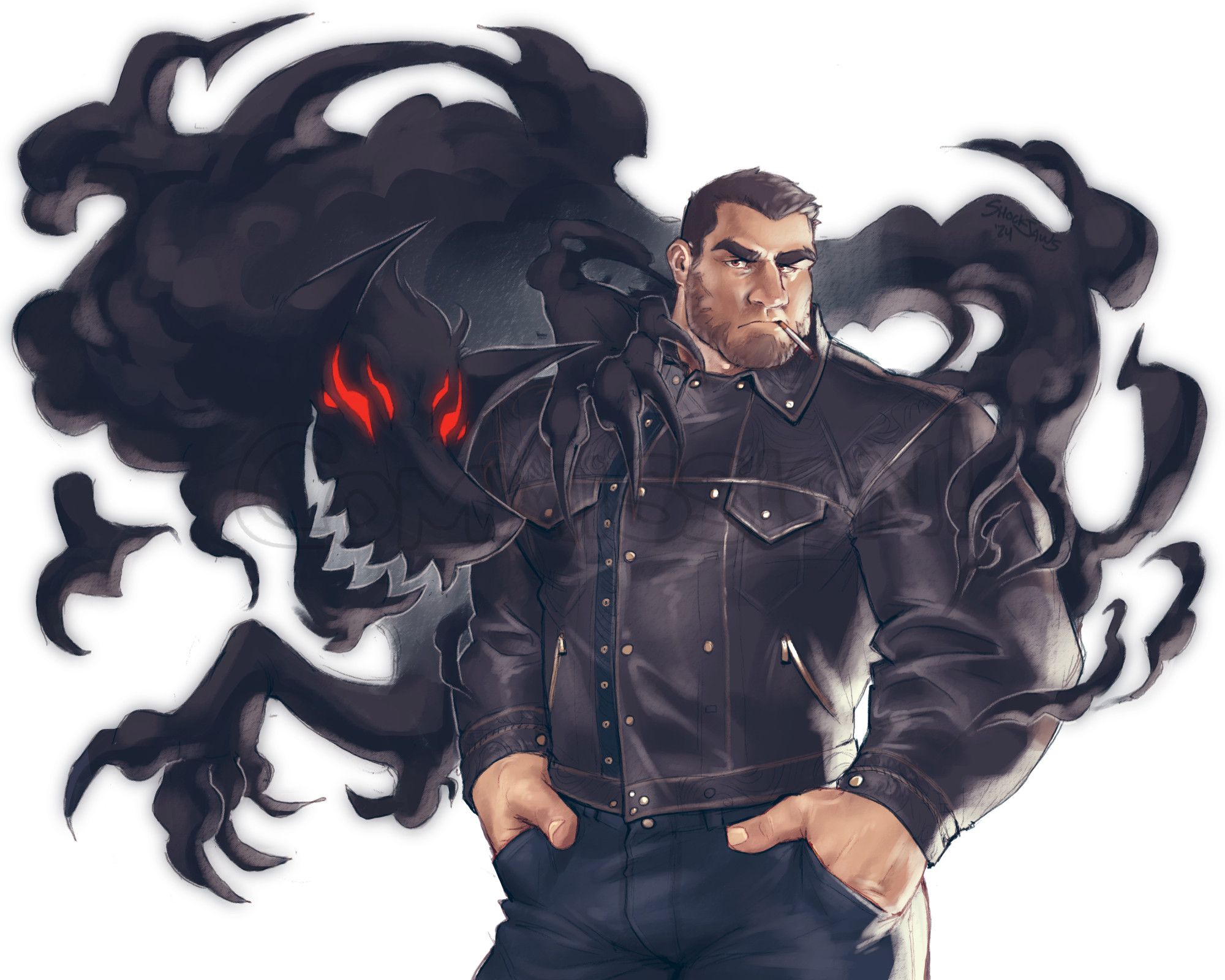 🎨 barrett in a sexy ass leather jacket with a shadowy wolf behind him and emanating from his arms. fucking hot.