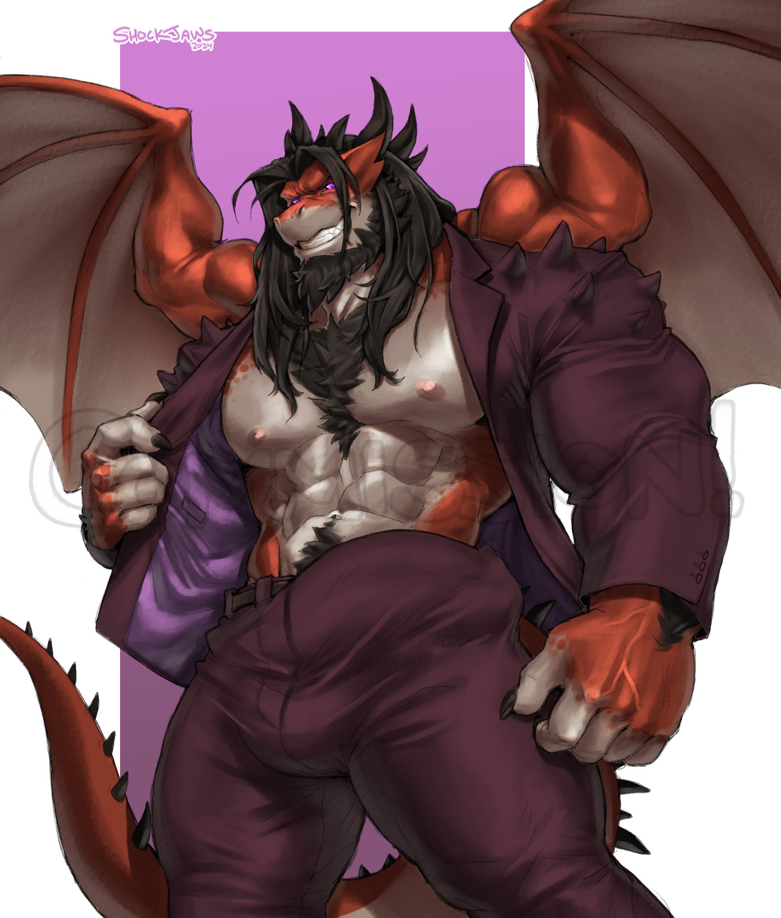 [🎨] a big red dragon in a very schnazzy suit who looks real happy to see you!!!!!! uwu