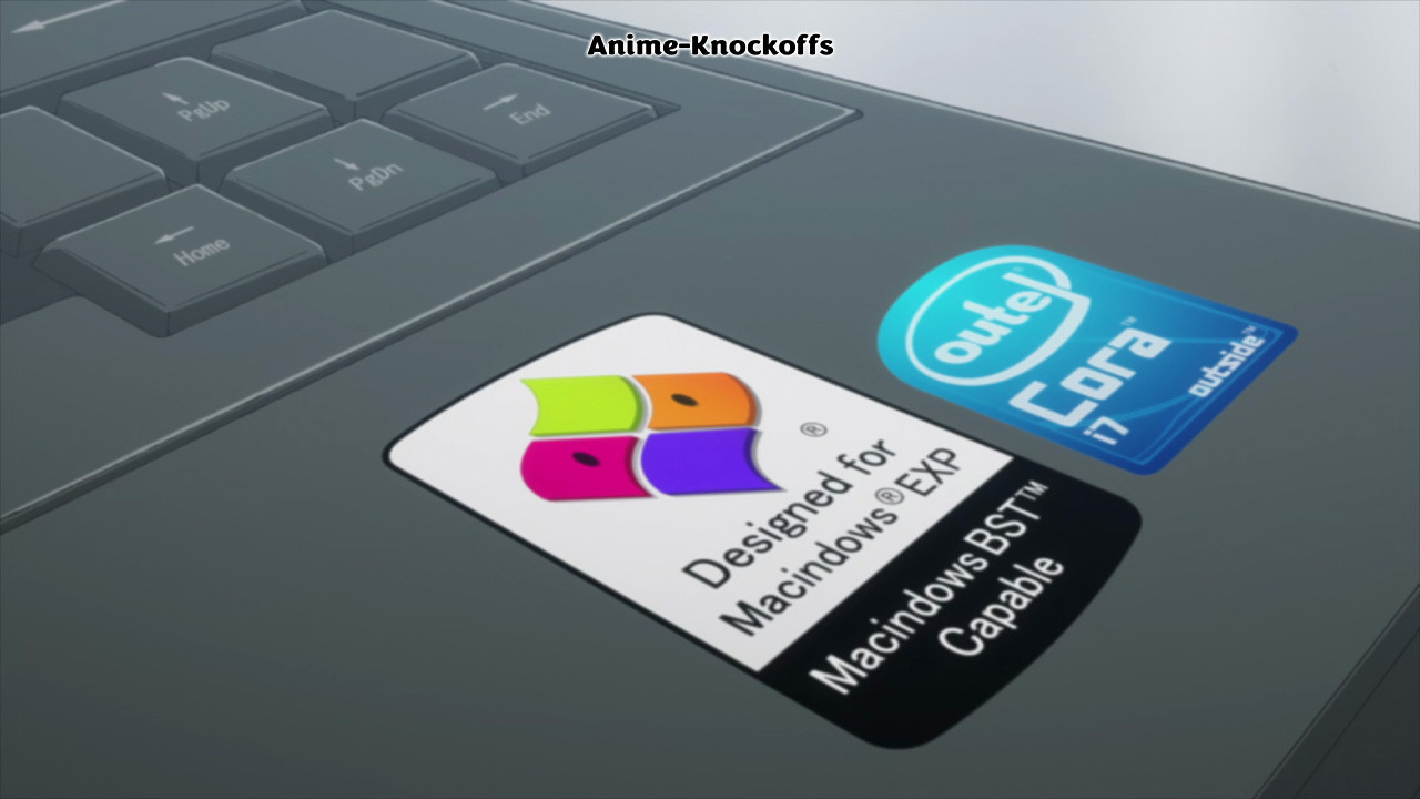 The lower right corner of a laptop. A sticker with "Designed for Macindows EXP" "Macindows BST Capable", and "Outel Cora i7 outside".