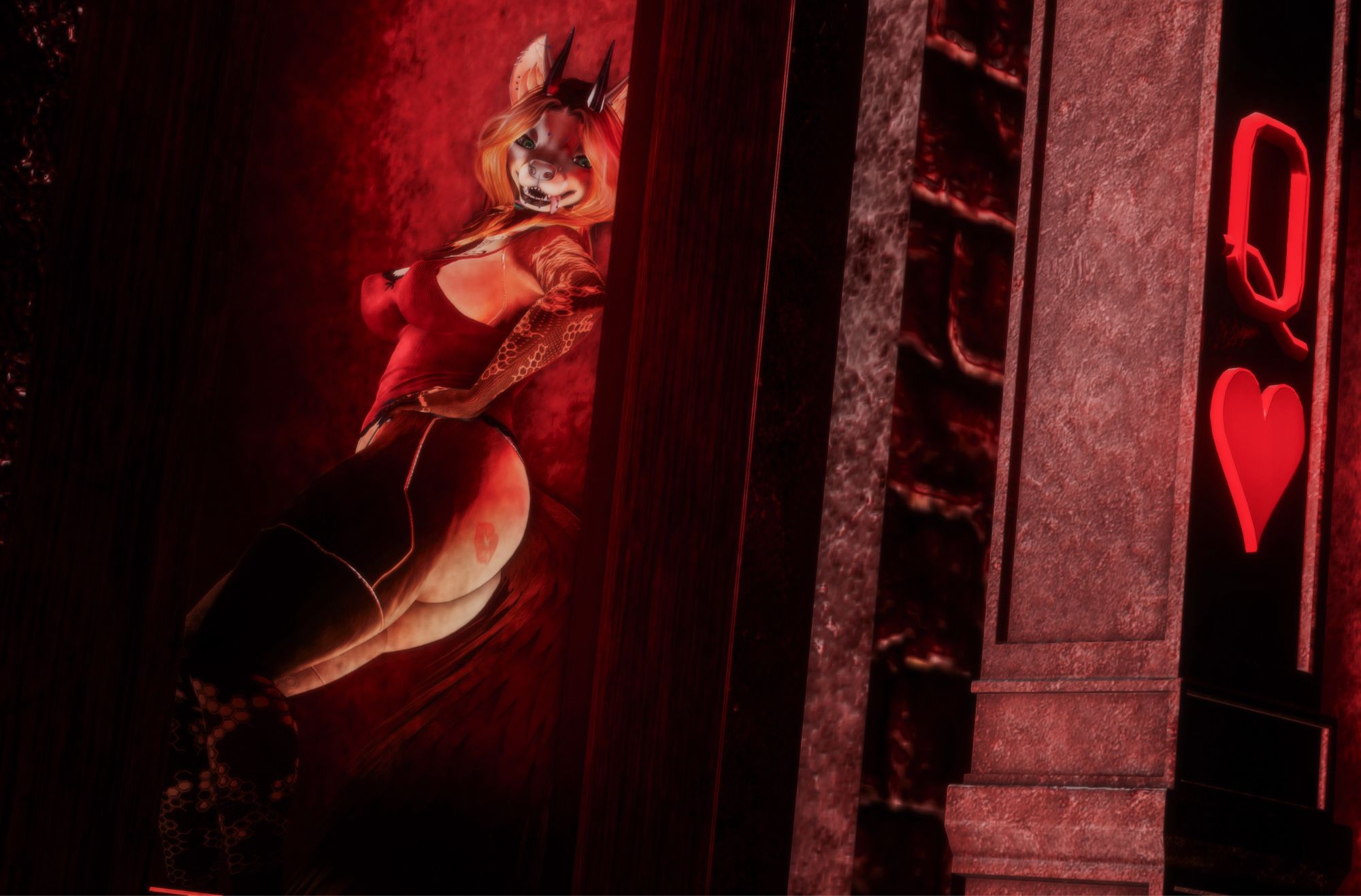 A cybernetic vixen leaning against the wall in a booth window on the second floor of a brick building with a “Queen of Hearts” logo. She’s smiling and is only wearing a red cami trimmed with black lace and a matching thong.