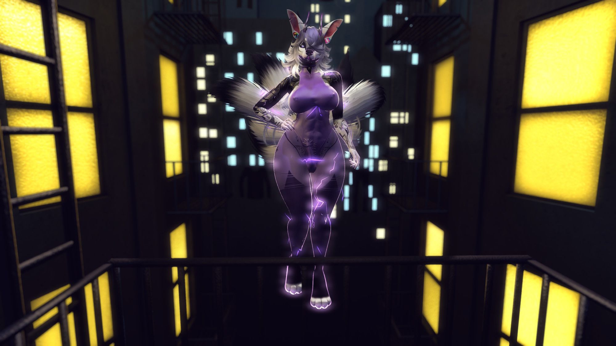 A monochromatic kitsune hovering outside a balcony at night by the power of her sheer awesomeness while electric arcs crawl over her body. She's dressed in a purple leotard which seems very tight given the solidly outlined 'ridge' pointing up from her pelvis.