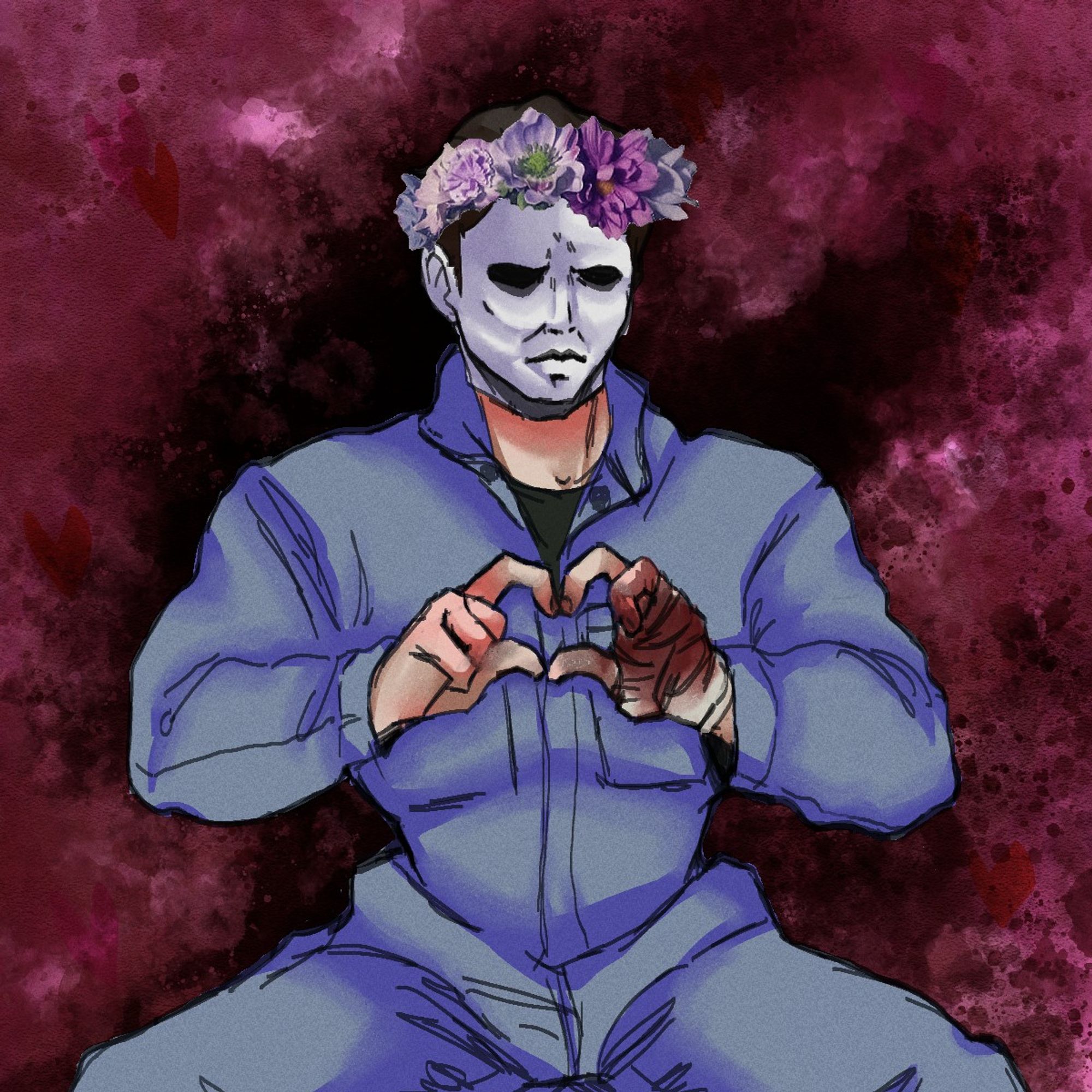 Michael Myers in a flower crown making a heart with his hands.