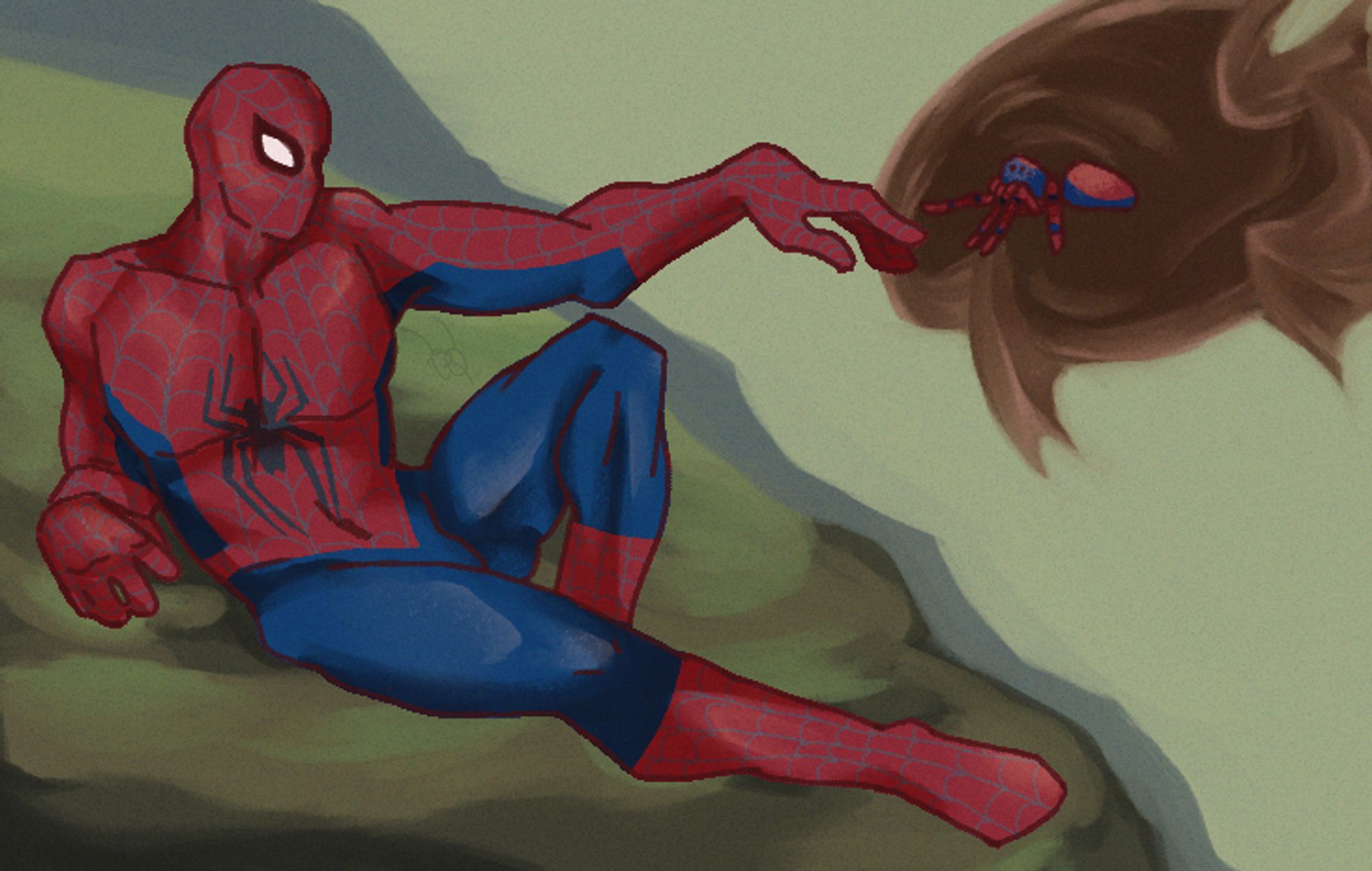 The Creation of Adam but it's Spiderman and the spider that bit him.