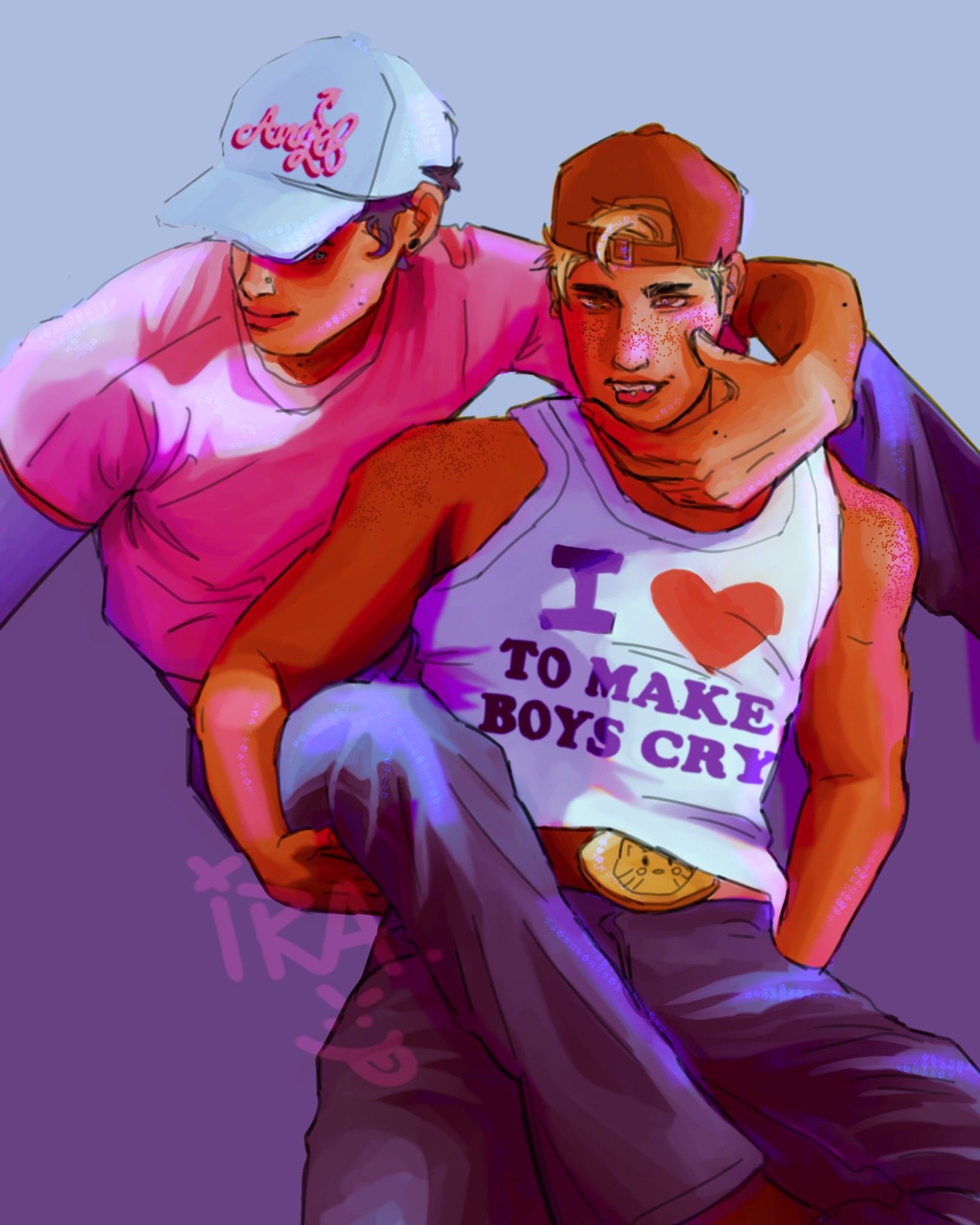 fanart of Sakusa Kiyoomi and Miya Atsumu. Atsumu is sitting in between Sakusa's legs, and Sakusa is touching Atsumu's face. Atsumu wears a shirt that says "I heart to make boys cry" and Sakusa wears a cap that says "angel".