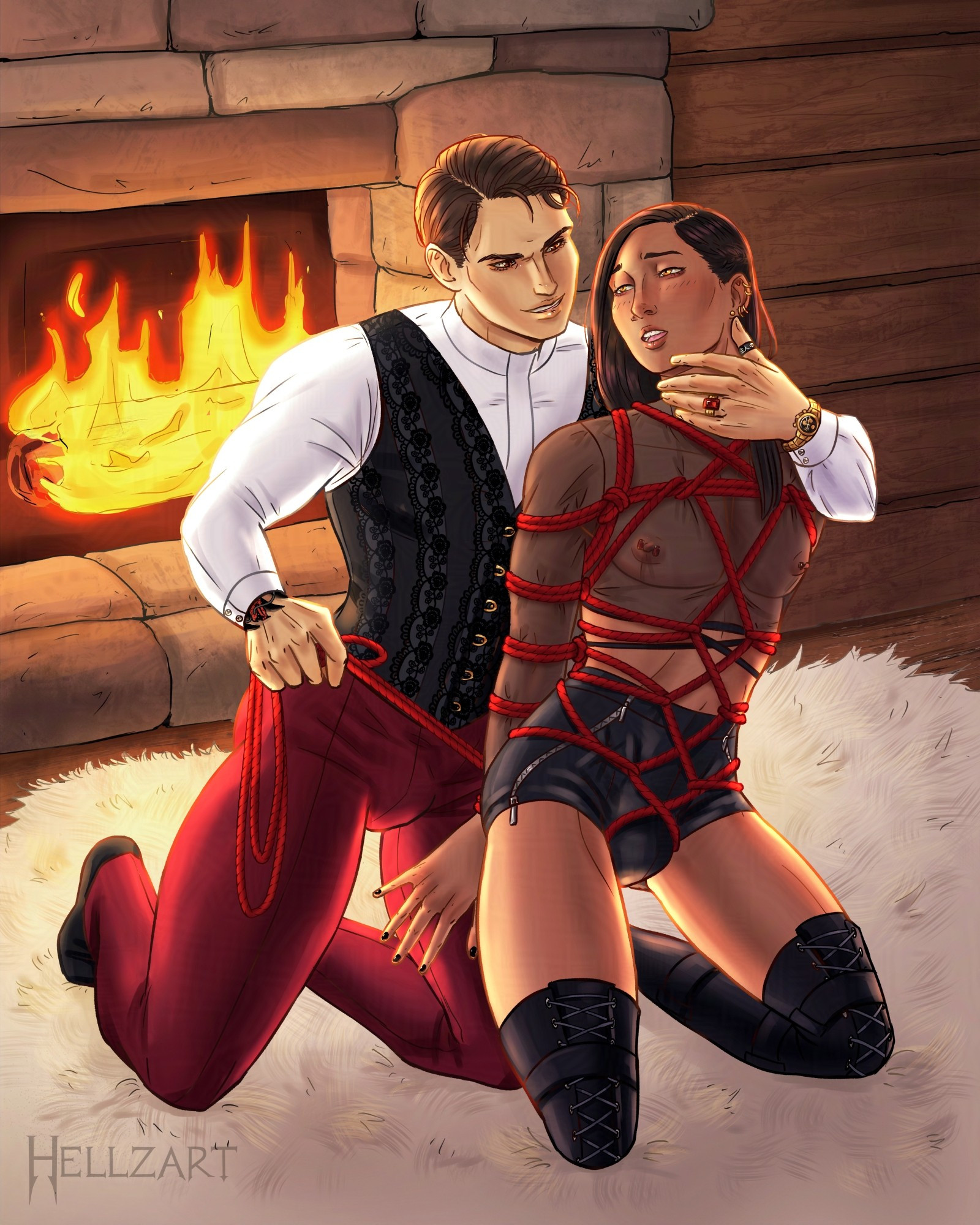 illustration of a dominant man (suit, tattoos) and a submissive male (mesh top, hotpants, overknee boots, nipple piercings) engaged in a rope bondage session in a cozy room with a fireplace; shibari; kinbaku; bdsm art, kinky, boys love, shounenai, gay fetish