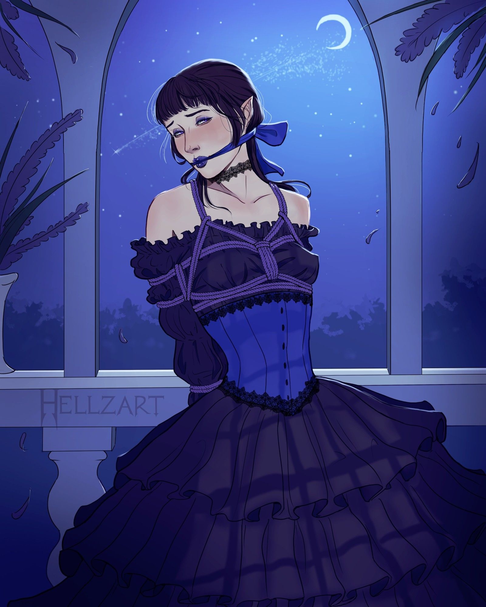 illustration; night scene on a balcony; a young woman with dark make-up, hime haircut, pointy ears, wearing a black frilly gothic ballroom dress with a blue corset, and a lace choker; she is cleave-gagged with a blue ribbon, her chest and arms are tied with purple rope in a harness, arms behind her back; she is blushing