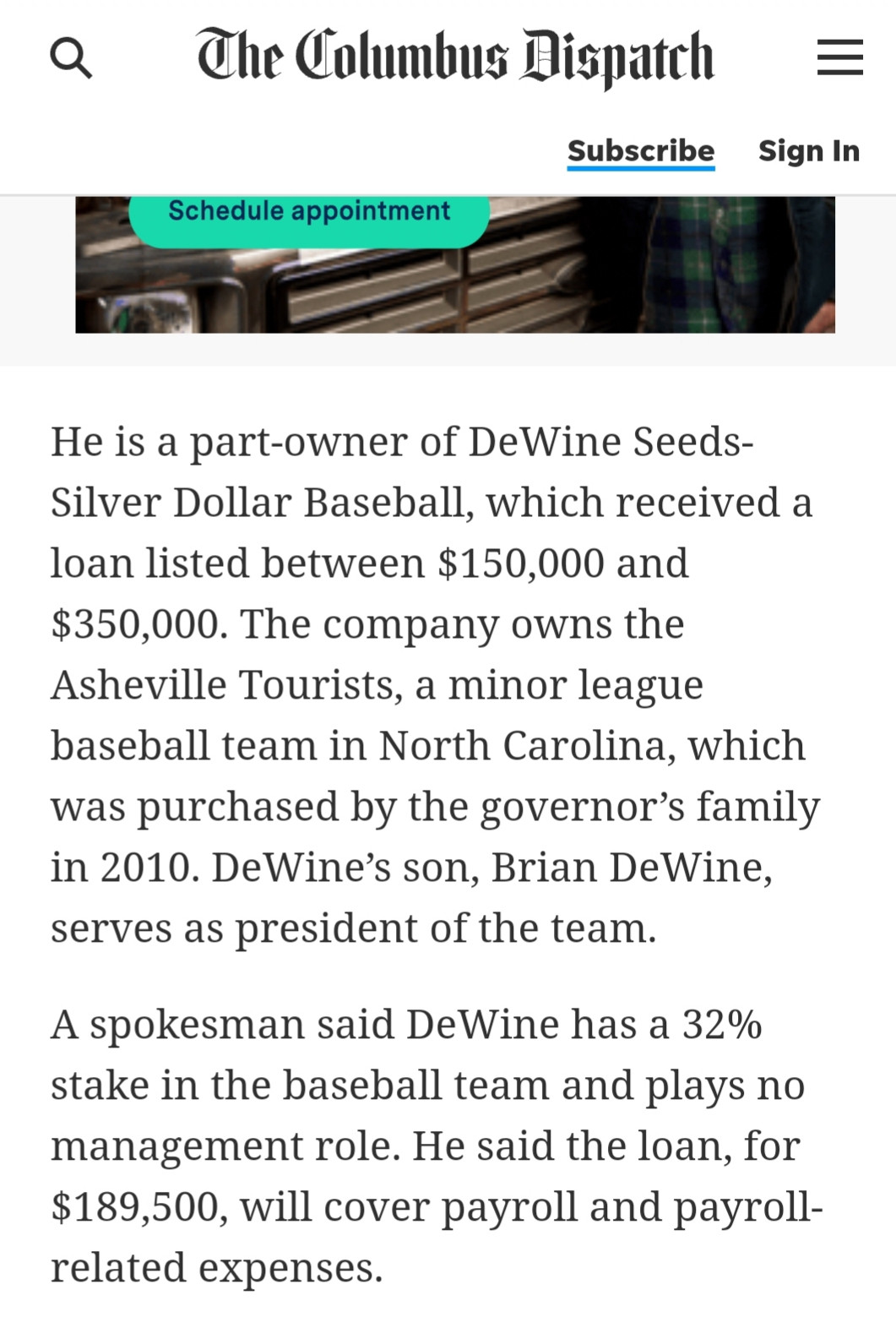 Screenshot of a Columbia Dispatch article in 2020 about the Asheville Tourists getting federal pandemic bailouts. It notes Mike DeWine personally owns 32% of the team.