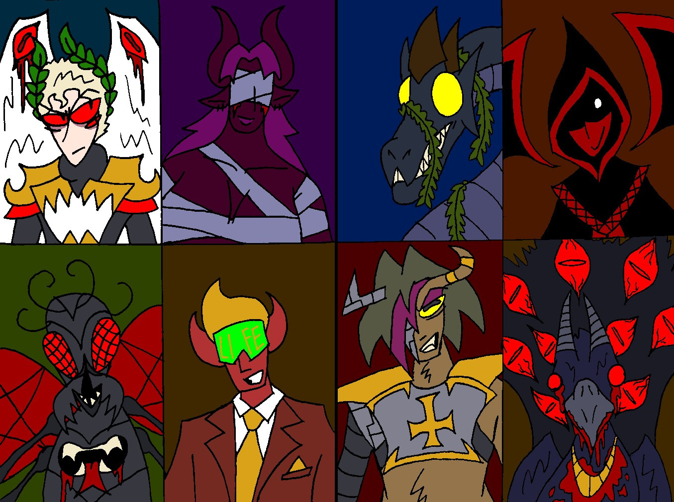 Left to right, top to bottom: Lucifer, Lilith, Leviathan, Astaroth, Beelzebub, Mammon, Azazel, Andrealphus