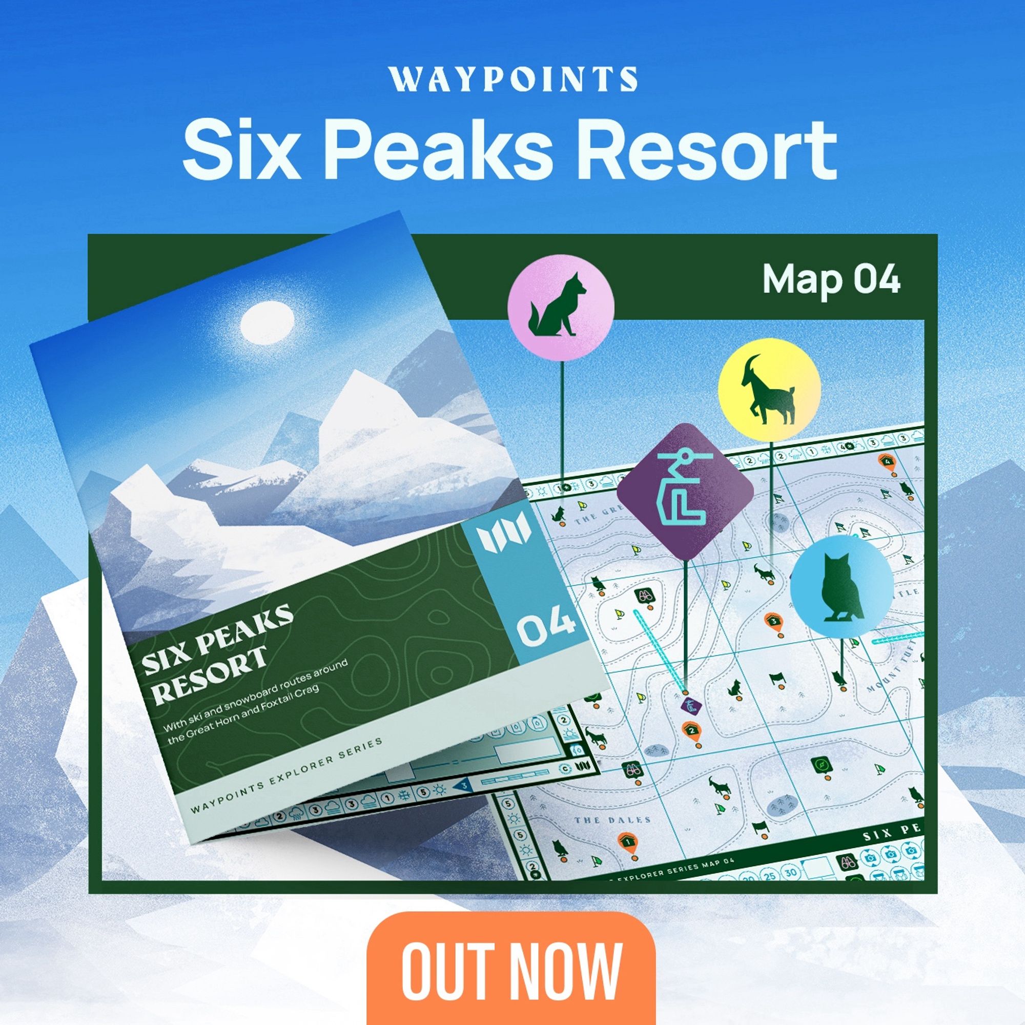 An illustrated pamphlet and map showing snowy mountains and topography. The text reads ‘waypoints six peaks resort map 4 out now’