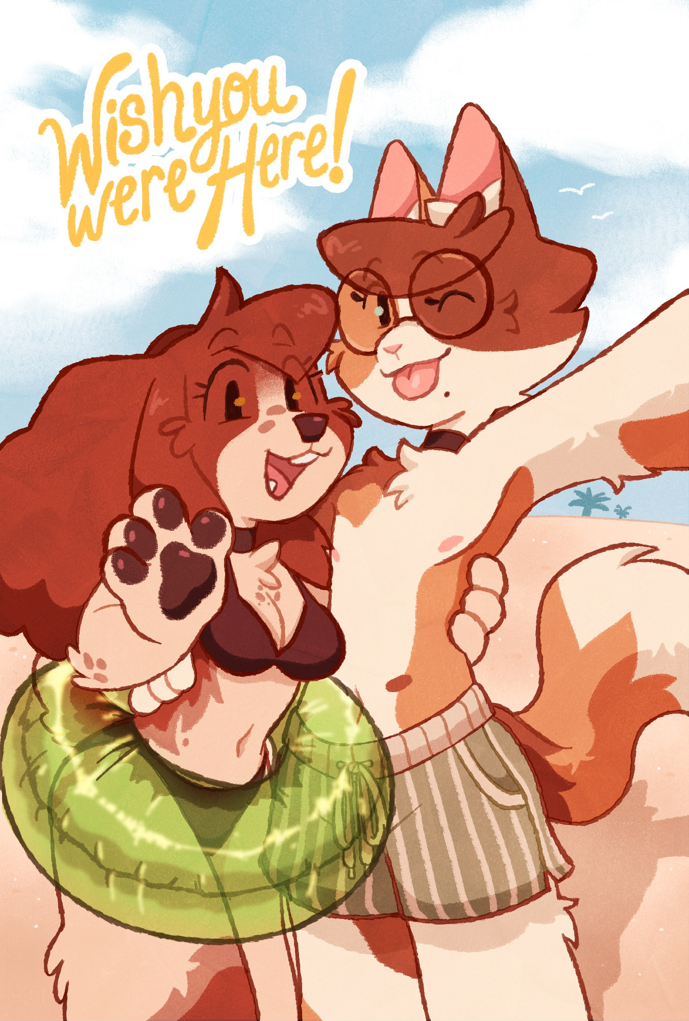 a selfie of a cute puppeygirl and catboy ( he's holding the camera and stickin his tongue out!) The puppeygirl has a floatie around her waist. Theres text at the upper left hand corner saying "Wish you were here!" and I BET YOU DO!!
