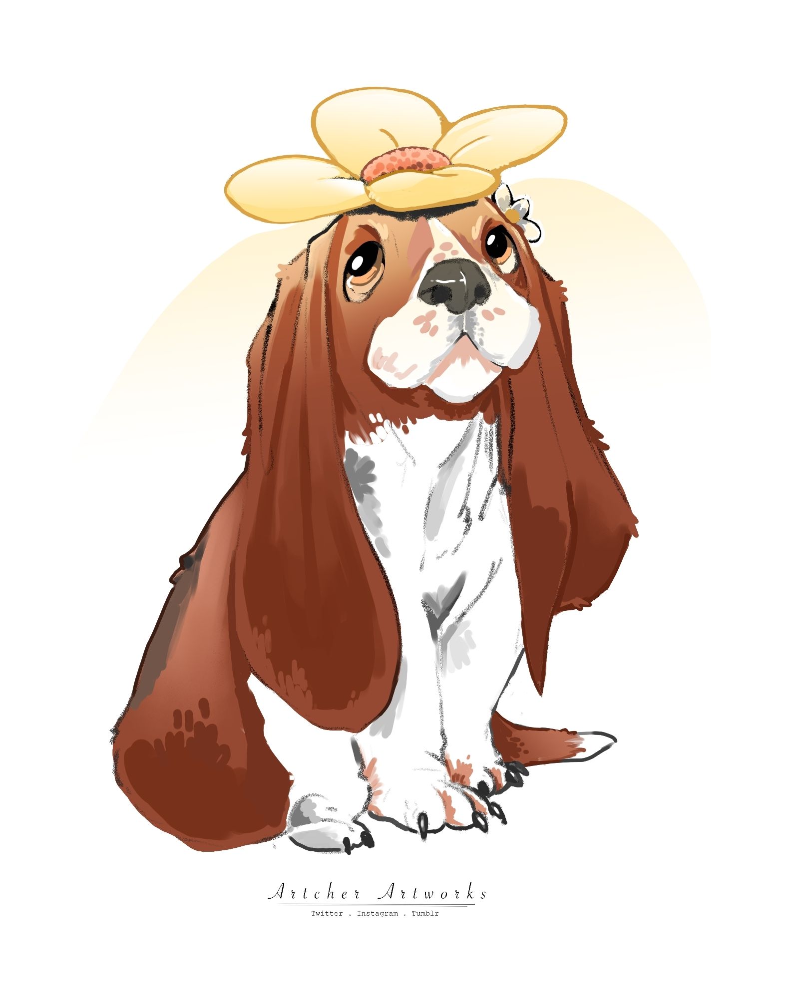 Basset hound with flower on his head