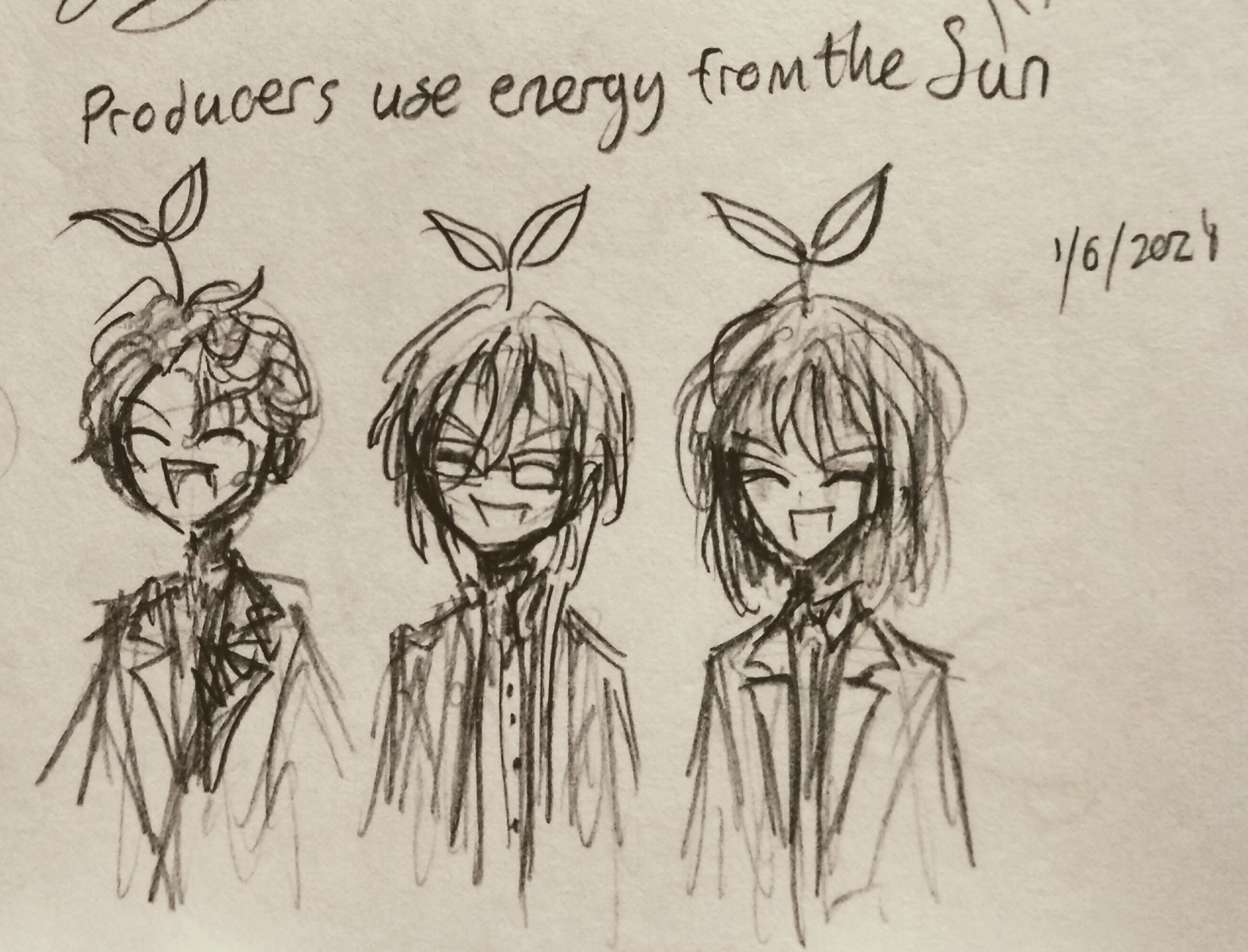 a pencil sketch of nice arneb thunder, ibara saegusa, and anzu from enstars, each with a plant sprout on their head. the text read: [producers use energy from the sun].