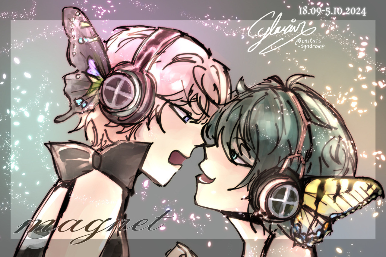 a digital drawing of shu and mika as miku and teto in the cover of the magnet song. there are lots of sparkles. the butterfly wing on shu's headphone is a purple spotted swallowtail, while the one on mika's is an eastern tiger swallowtail.