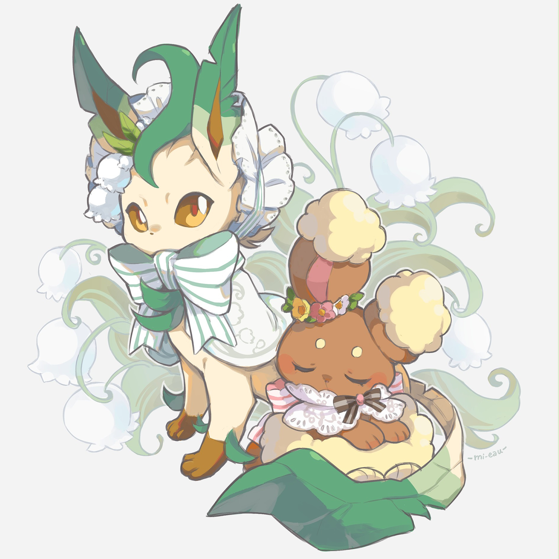 Drawing of two pokémon: Leafeon, seen wearing a lace bonnet with a big bow and a white coat, and Buneary, looking asleep wearing a lace collar and a flower headdress. The tail of the Leafeon is wrapped over the buneary. The colors are soft grey and green and the background shows lily of the valley.