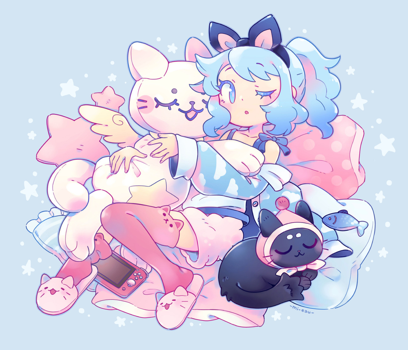 Drawing in a cute semi-chibi style of a blue-haired character in pajamas, hugging a big white cat plush. Her black cat is lounged by her side, eyes-closed, wearing a slightly ridiculous pink bonnet.