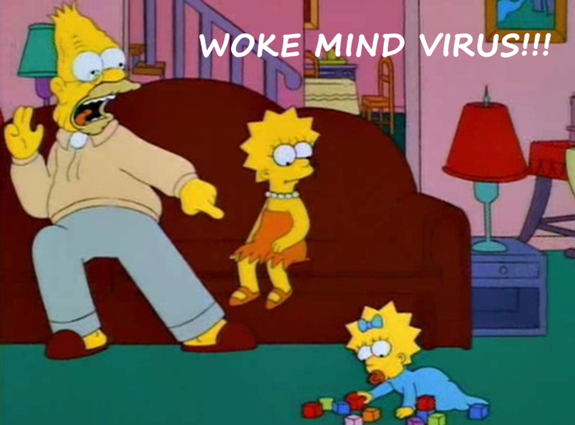 Abe Simpson yelling “WOKE MIND VIRUS” at Maggie