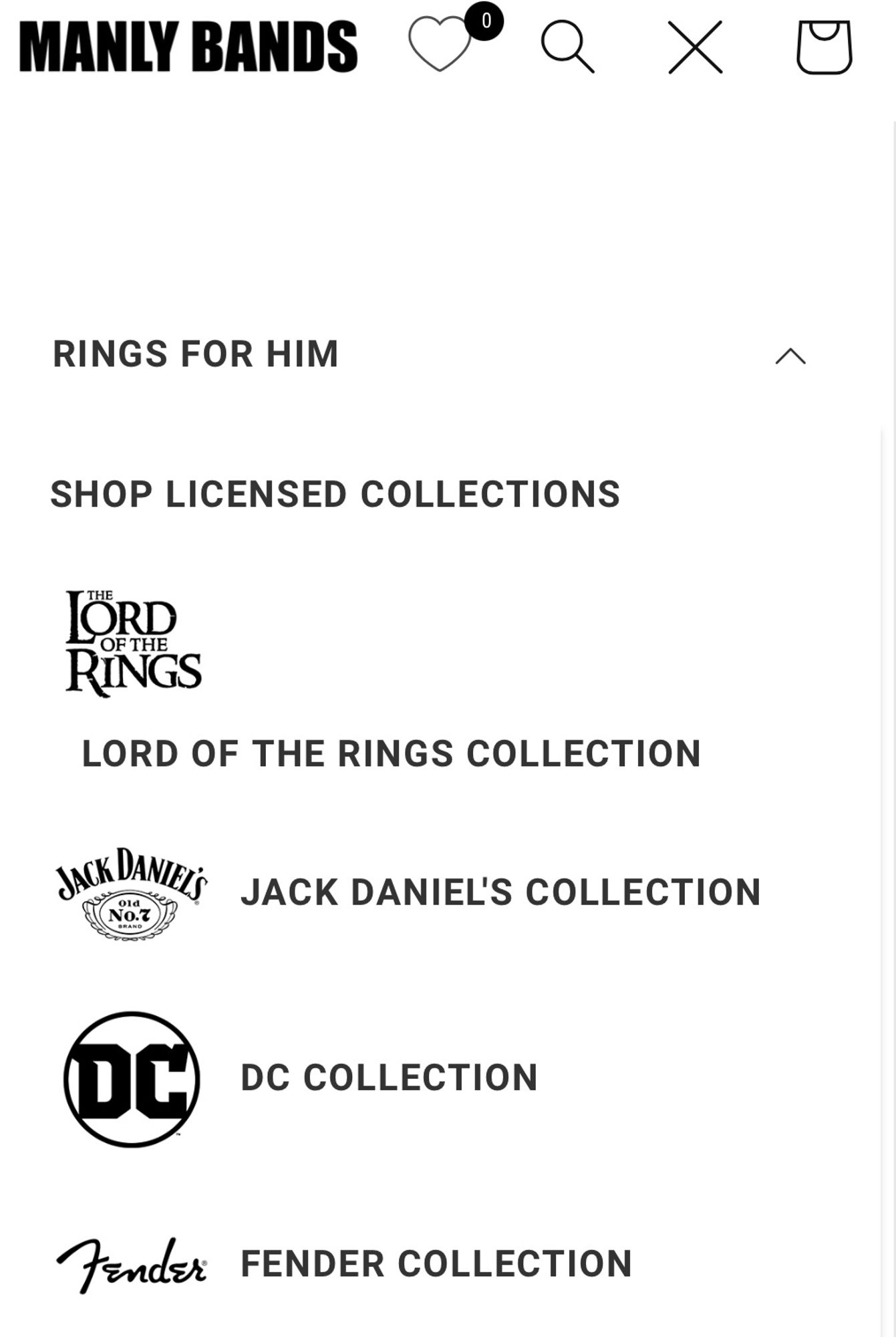 Rings for him
Shop licensed collections
Lord of the Rings collection 
Jack Daniel’s collection
DC collection 
Fender collection