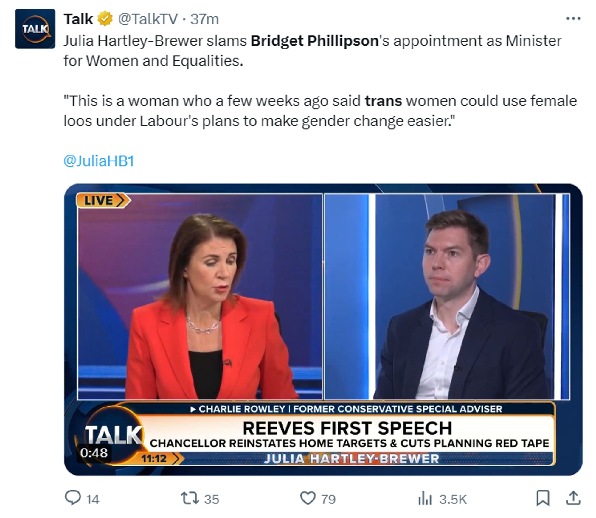 @TalkTV

Julia Hartley-Brewer slams Bridget Phillipson's appointment as Minister
for Women and Equalities.
"This is a woman who a few weeks ago said trans women could use female
loos under Labour's plans to make gender change easier."