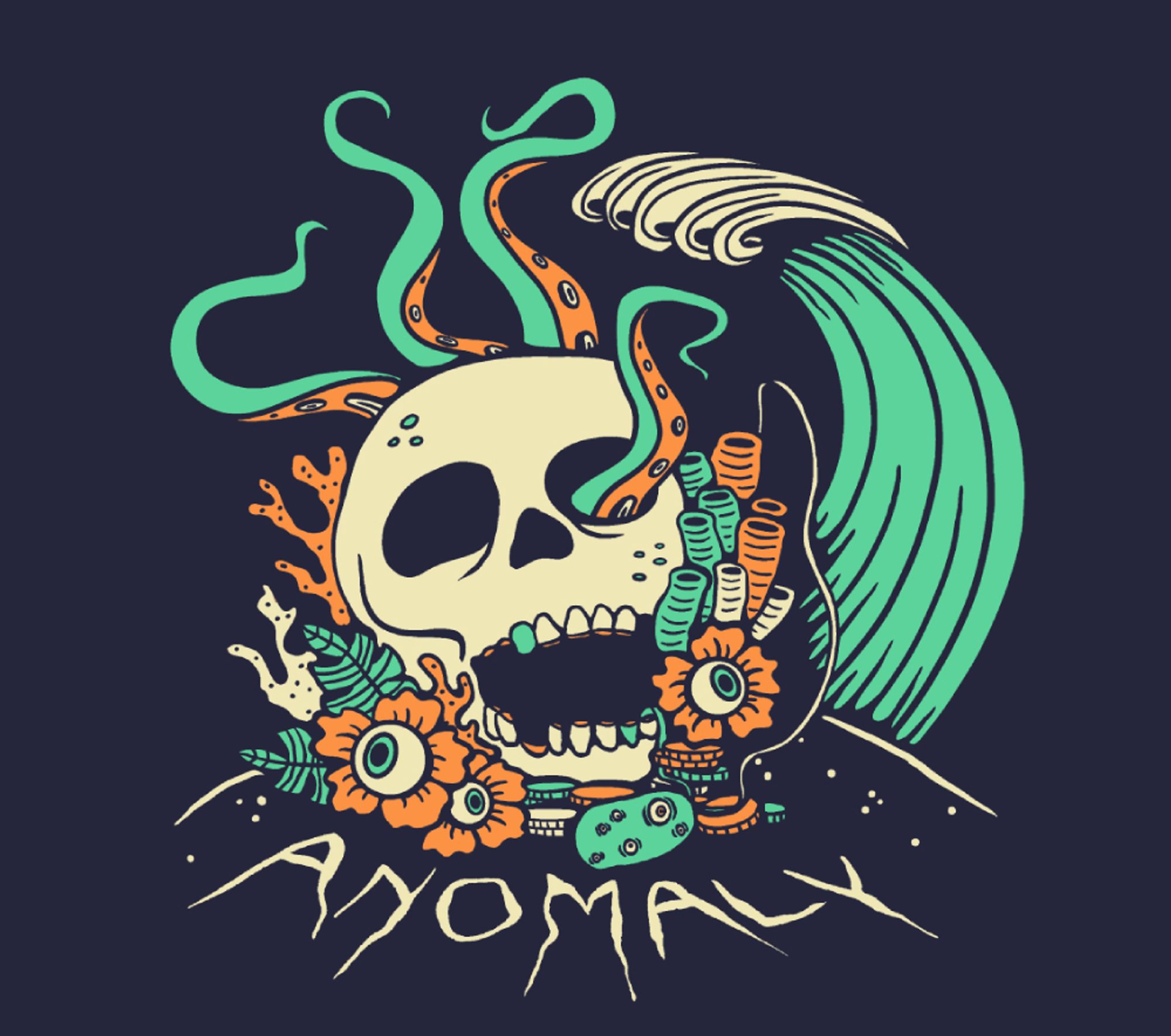 Cream, orange, and green art on a navy blue background. A skull surrounded by twisting tentacles, different shapes of coral, coins, hibiscus-like flowers with eyeballs in their centers, and a many-eyed potato necklace totem. A wave about to crash is on the skull's right side. In the sand on the bottom of the design is the text "ANOMALY."