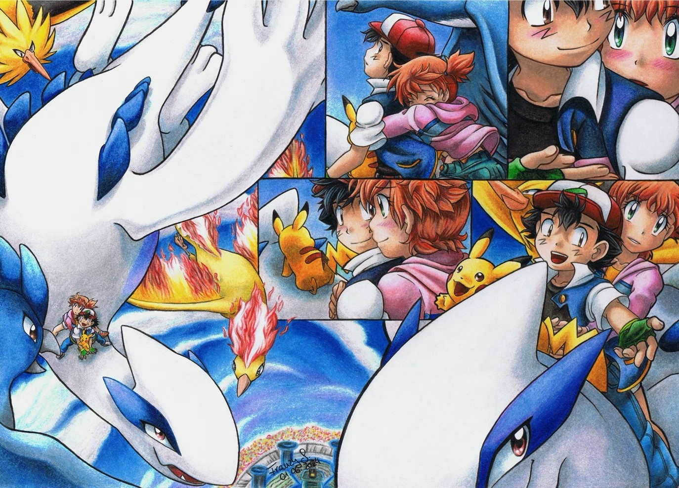 Picture shows 5 panels. First panel shows Ash and Pikachu taking Misty on a ride on the god of the ocean, Lugia, while Articuno, Zapdos, and Moltres flying around them. Second panel shows Misty claiming on Ash, afraid of what’s happening. Third panel: Ash calms Misty down by softly touching her hand. She surprised looks at him. Fourth panel: Misty smiles relieved to Ash, blushing, while he does the sane. Pikachu meanwhile climbs on Lugia’s head. Last panel shows Lugia, Ash, Misty, and Pikachu flying happily around.