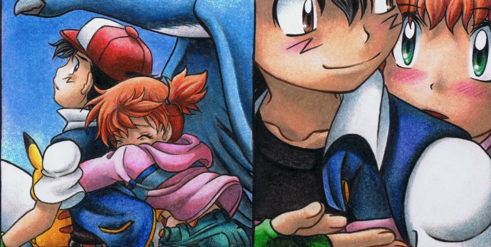 Second panel shows Misty claiming on Ash, afraid of what’s happening. Third panel: Ash calms Misty down by softly touching her hand. She surprised looks at him.