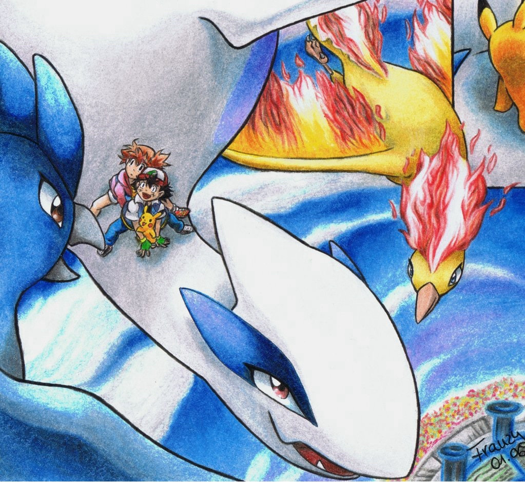 First panel shows Ash and Pikachu taking Misty on a ride on the god of the ocean, Lugia, while Articuno, Zapdos, and Moltres flying around them.