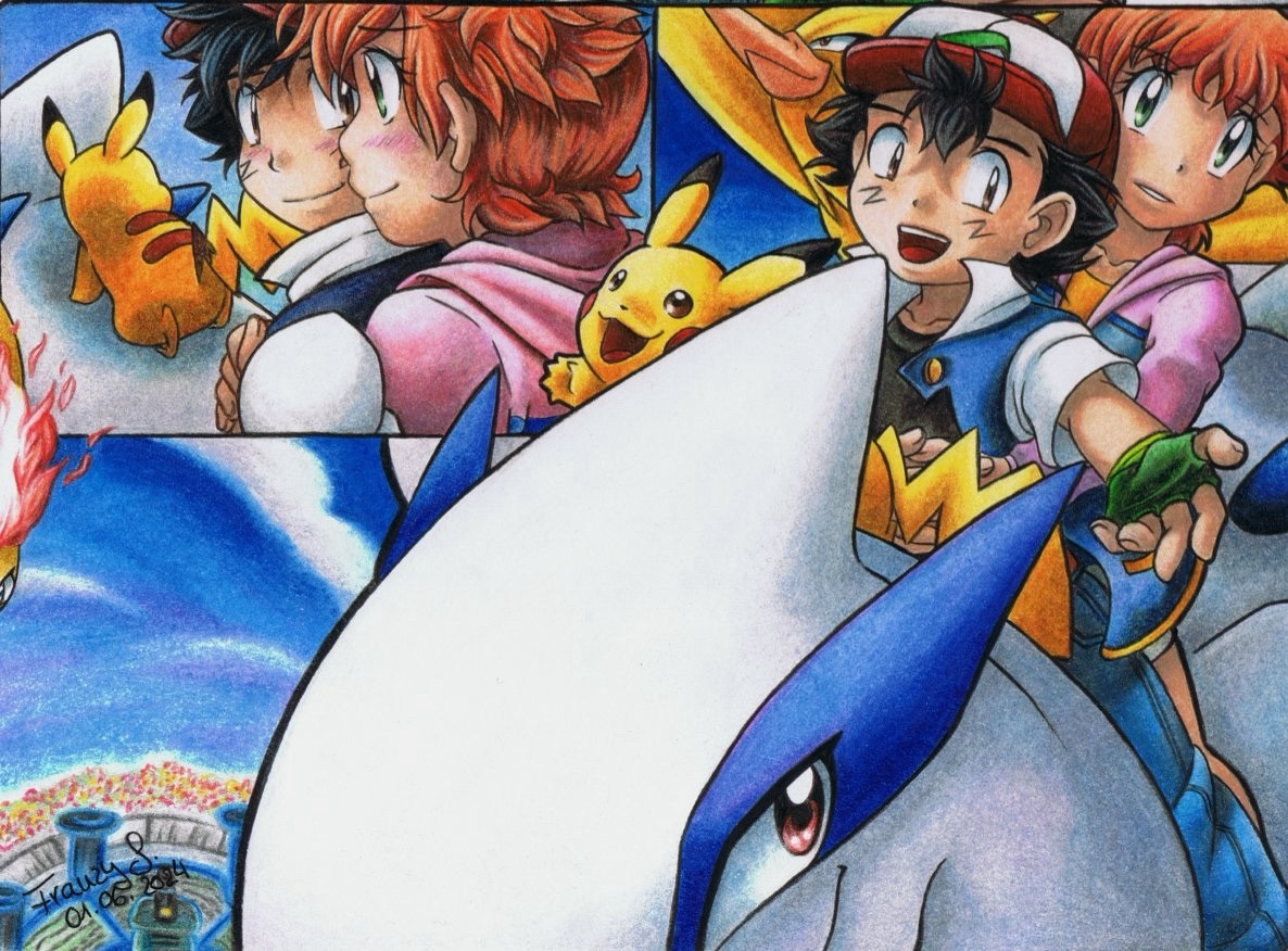 Fourth panel: Misty smiles shy at Ash, blushing, he does the same. Pikachu meanwhile climbs on Lugia’s head. Last panel shows Lugia, Ash, Misty, and Pikachu flying happily around.