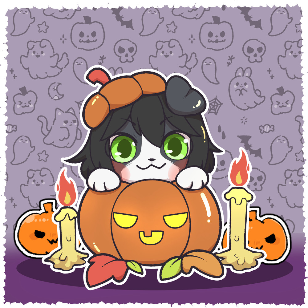 A picture of an anthro border collie puppy poking his head out of a jack-o-lantern with 2 large candles burning brightly on either side of the pumpkin, the wallpaper background a series of anthro halloween elements