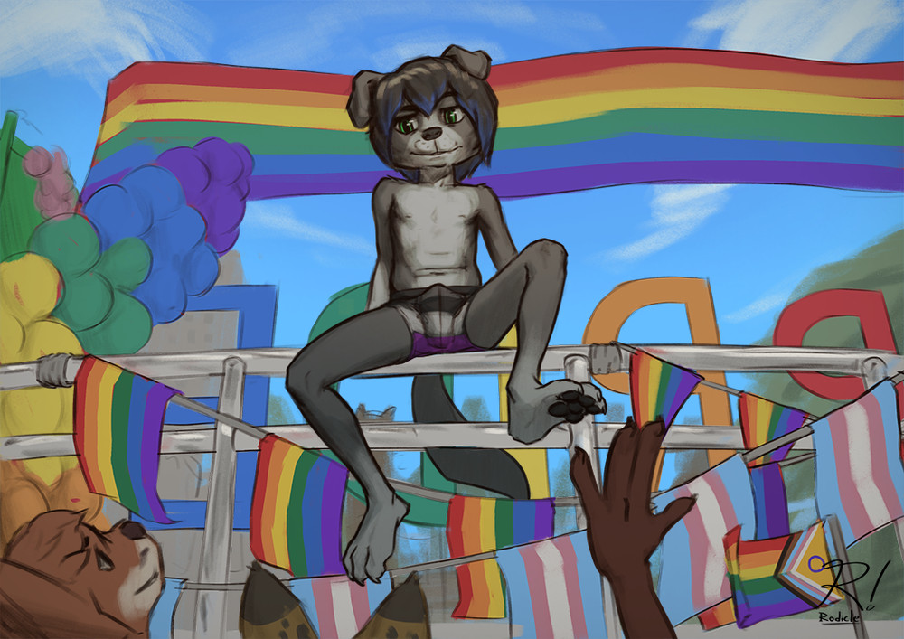 Anthro border collie on a float during pride festival with pride flags in background, wearing asexual undies