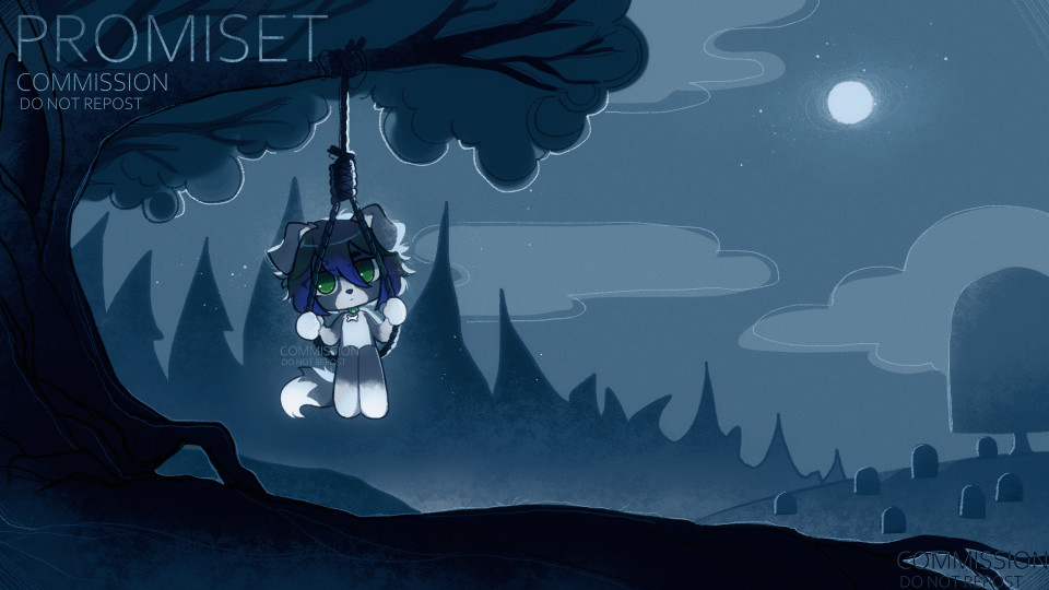 An anthro border collie sitting in an oversized noose hanging in a tree like a tire swing.  He has a blank expression on his face and his eyes stare at the viewer with a soulless dead glare.