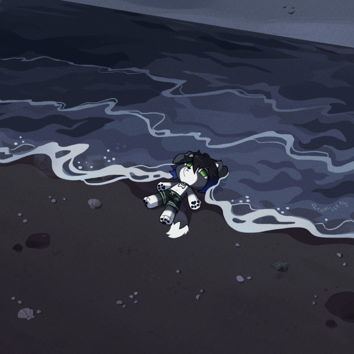 An anthro border collie laying on the beach wallowing in his emptiness, the waves of the ocean flowing past him