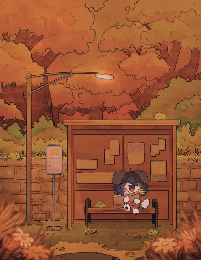 An ecstatic anthro border collie sitting at a bus stop on a mid-autumn night with his groceries, surrounded by adorable froggos