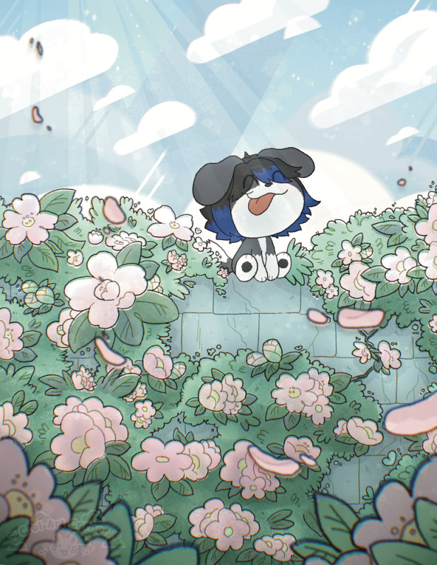 An anthro border collie sitting on a wall covered with bushy flowers, smiling with his tongue out