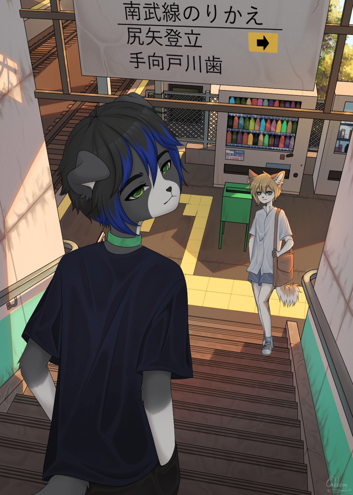 An anthro border collie walking down the stairs looking back at the viewer of a Japanese train station while an anthro Pomeranian with a handbag is walking up the stairs