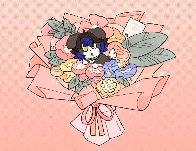 A smol anthro border collie in a bouquet of flowers with a valentine's day card