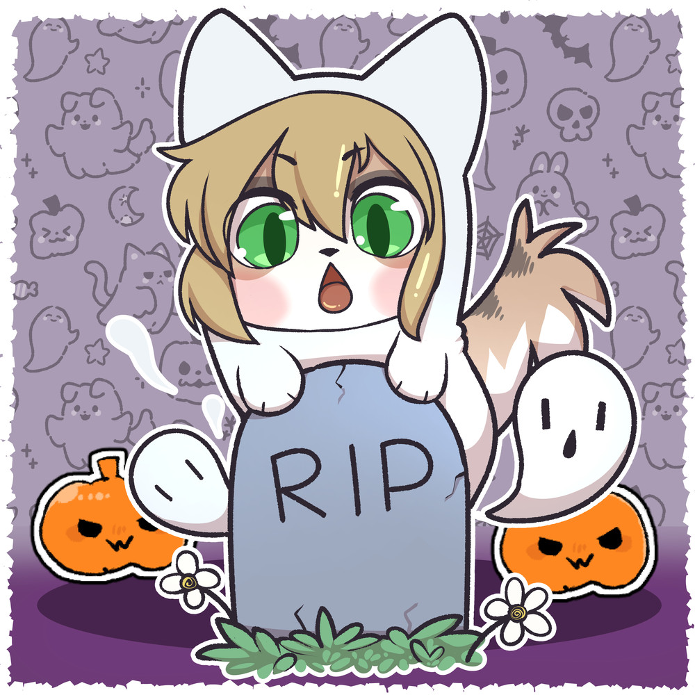 A picture of an anthro pomeranian puppy dressed as a ghost poking his head out from behind a gravestone, the wallpaper background a series of anthro halloween elements