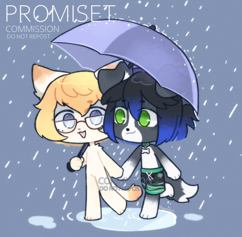 An anthro border collie and kitter cat walking in the rain and puddles sharing an umbrella, holding hands as they stroll and talk