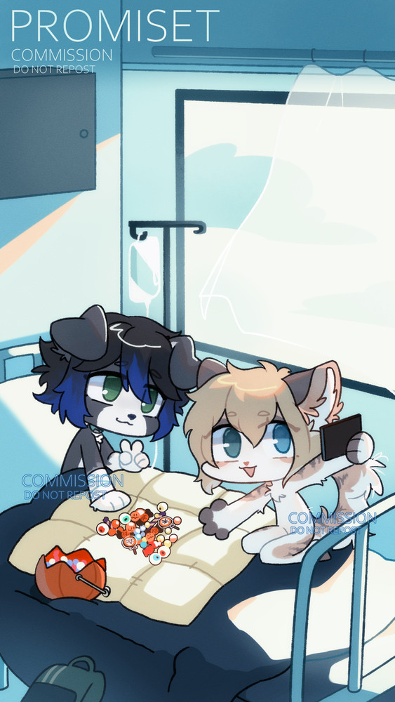 An anthro border collie and Pomeranian sitting on a hospital bed with a slew of Halloween candy sitting between them