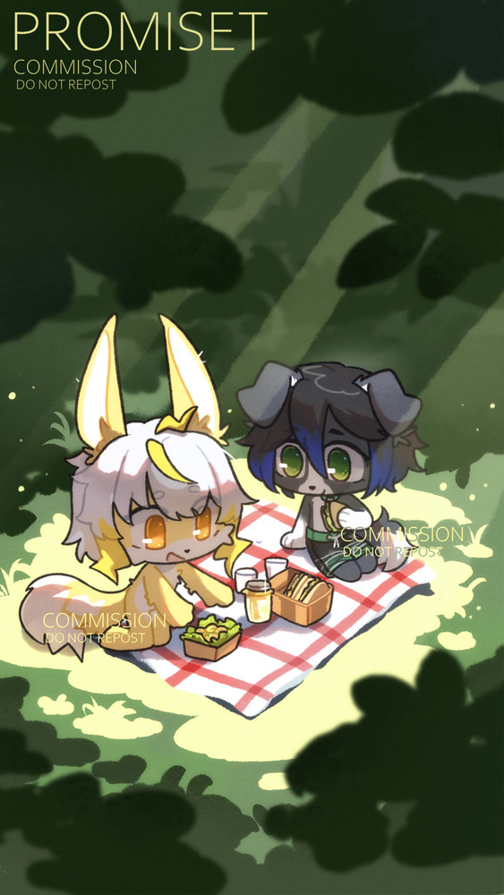 An anthro border collie and electric bunny having a healthy picnic in the woods with sandwiches and salad