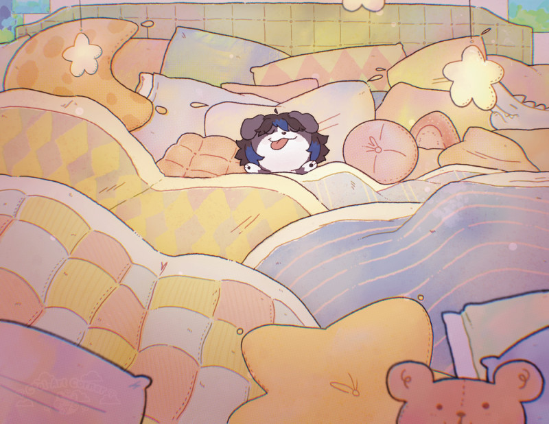 A smol anthro border collie laying in an oversized bed with oversized pillows and blankets and the works.  He looks so comfy... I kinda wish I was where he is right now.  ;- ;