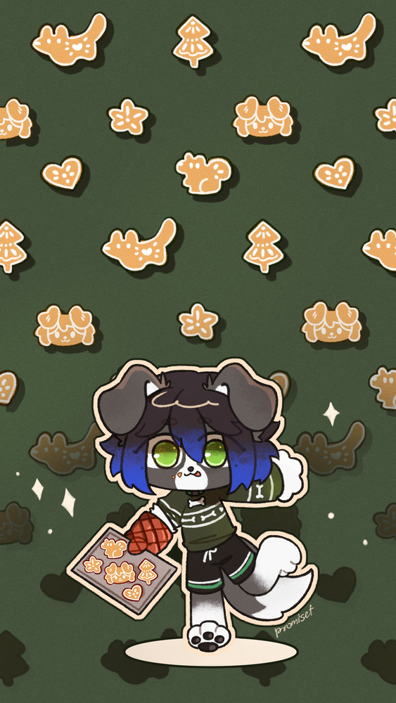 A phone background of an anthro border collie in a green holiday sweatshirt with a cookie sheet of various cookies, including a cookie of his face