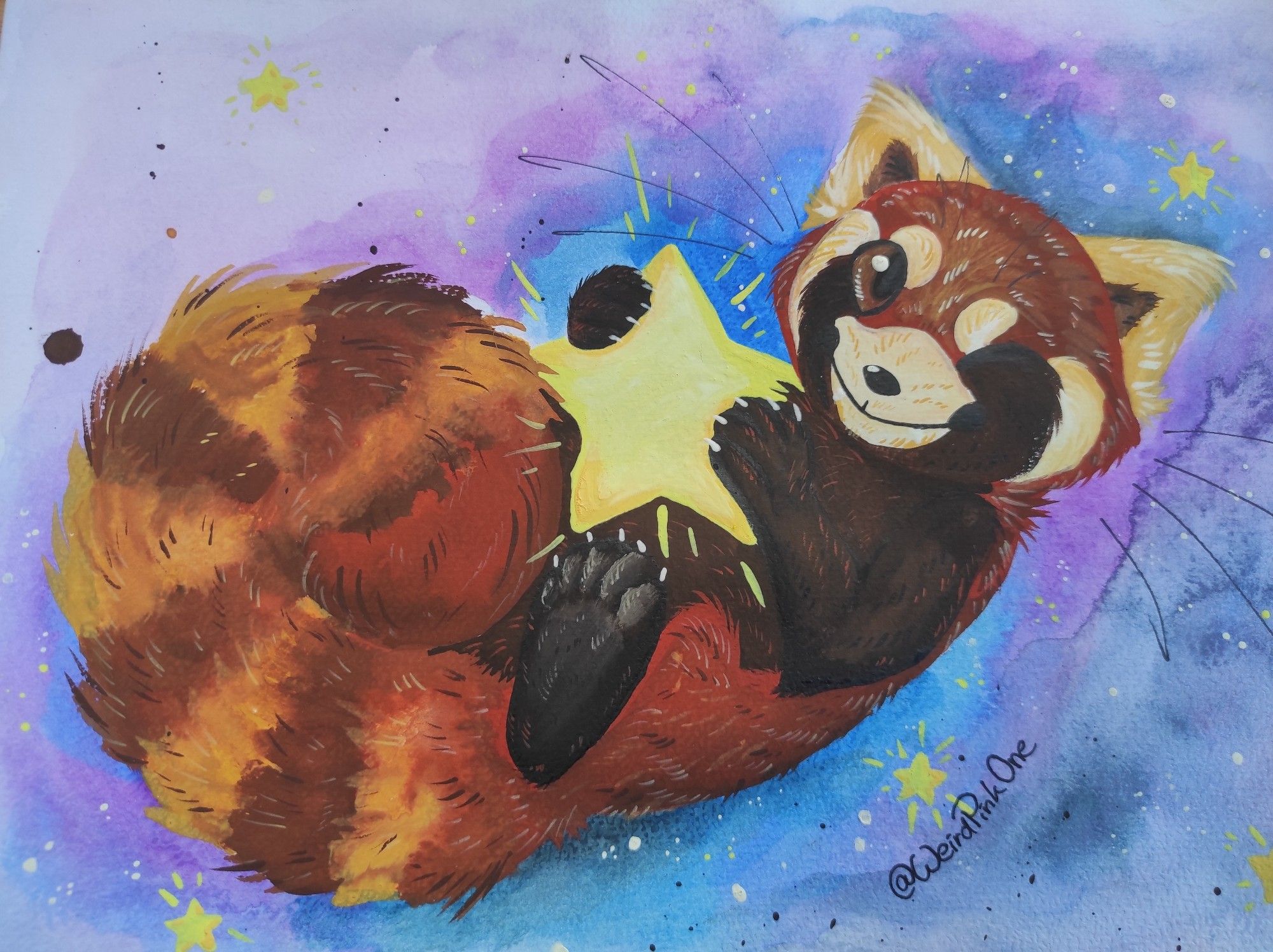 A red panda floating in a starry watercolor space, a flurry of blues and purples. It is holding a star in its paws, winking at the viewer.