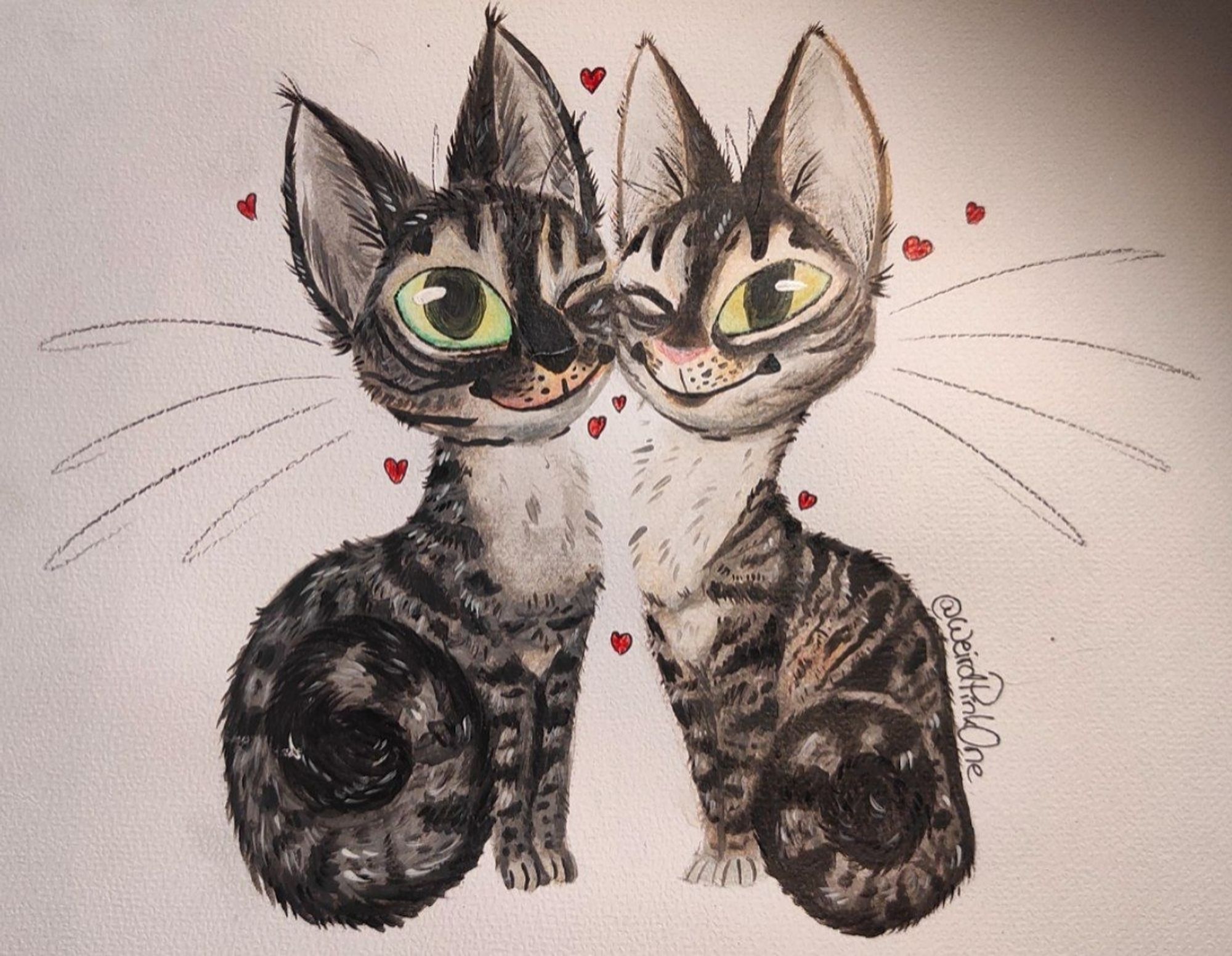 Painting of two dark stripe coated cats sitting next to each other, putting their heads together in sisterly love.