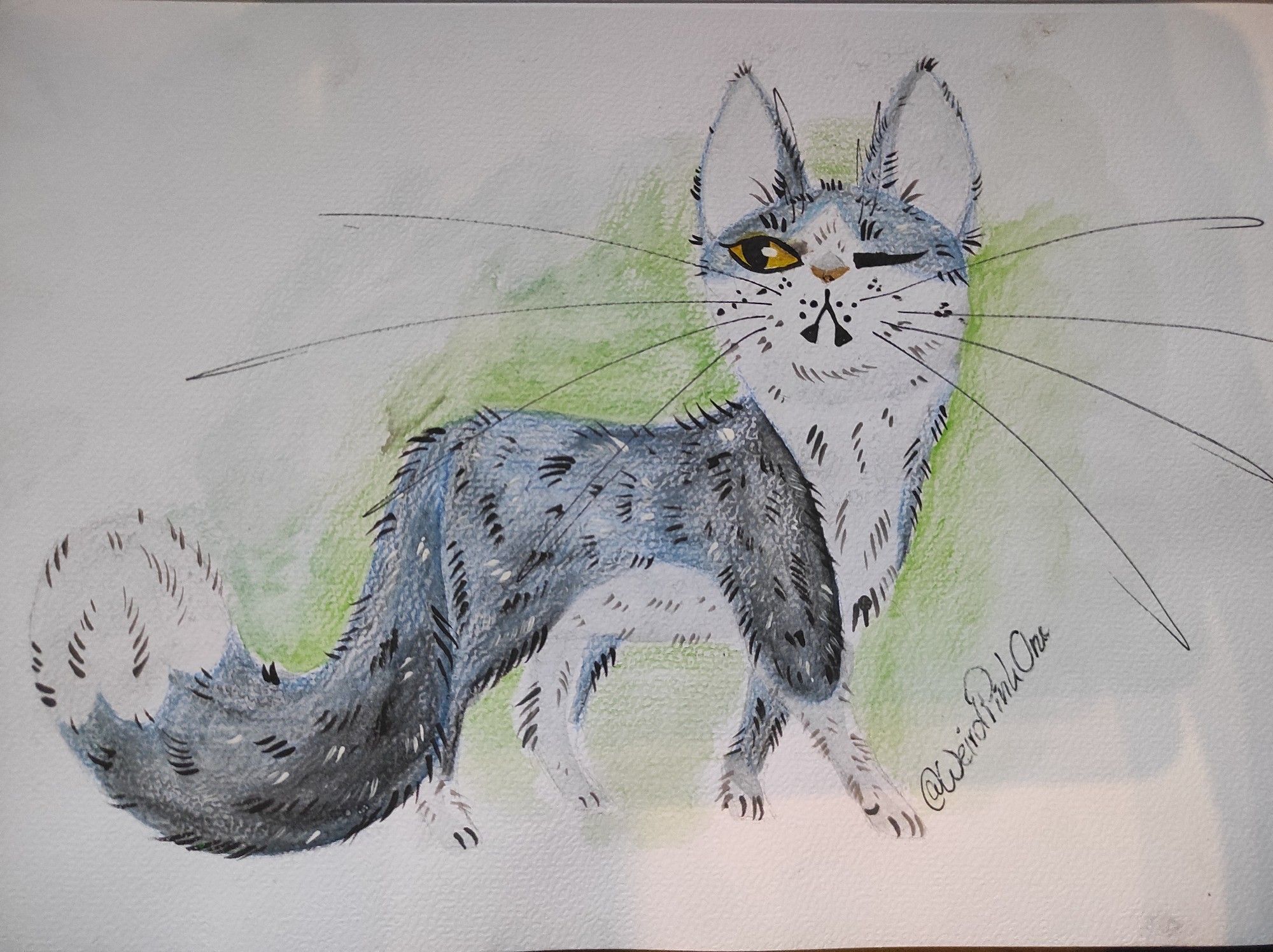 Painting of a blueish-black and white cat, with a rather sassy look on its face and one eye closed.