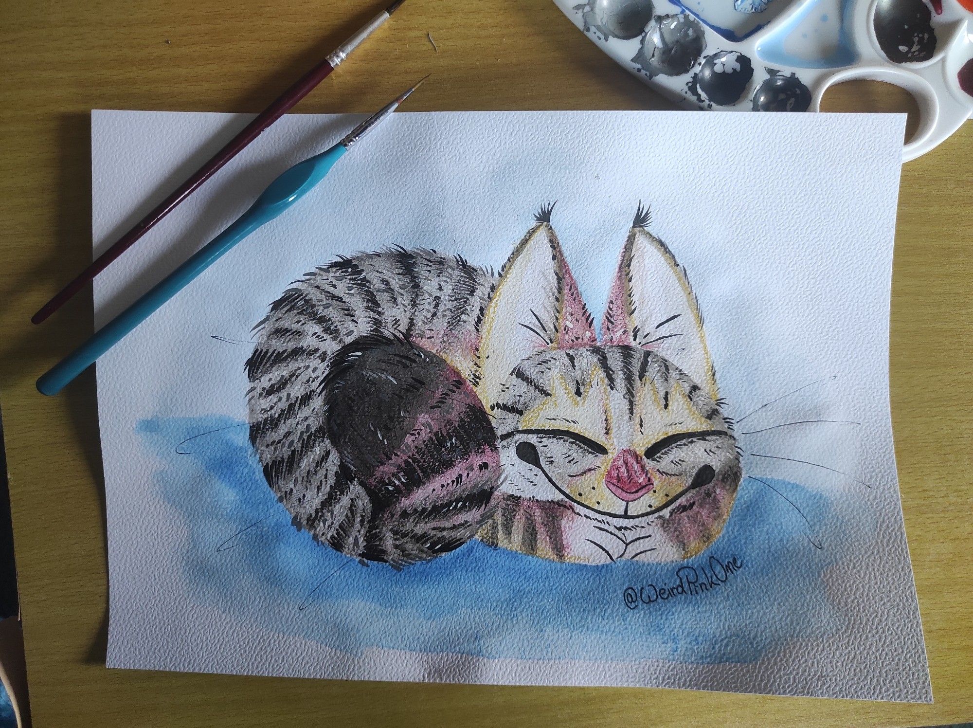 Painting of a striped kitten. It's sleeping peacefully curled up.