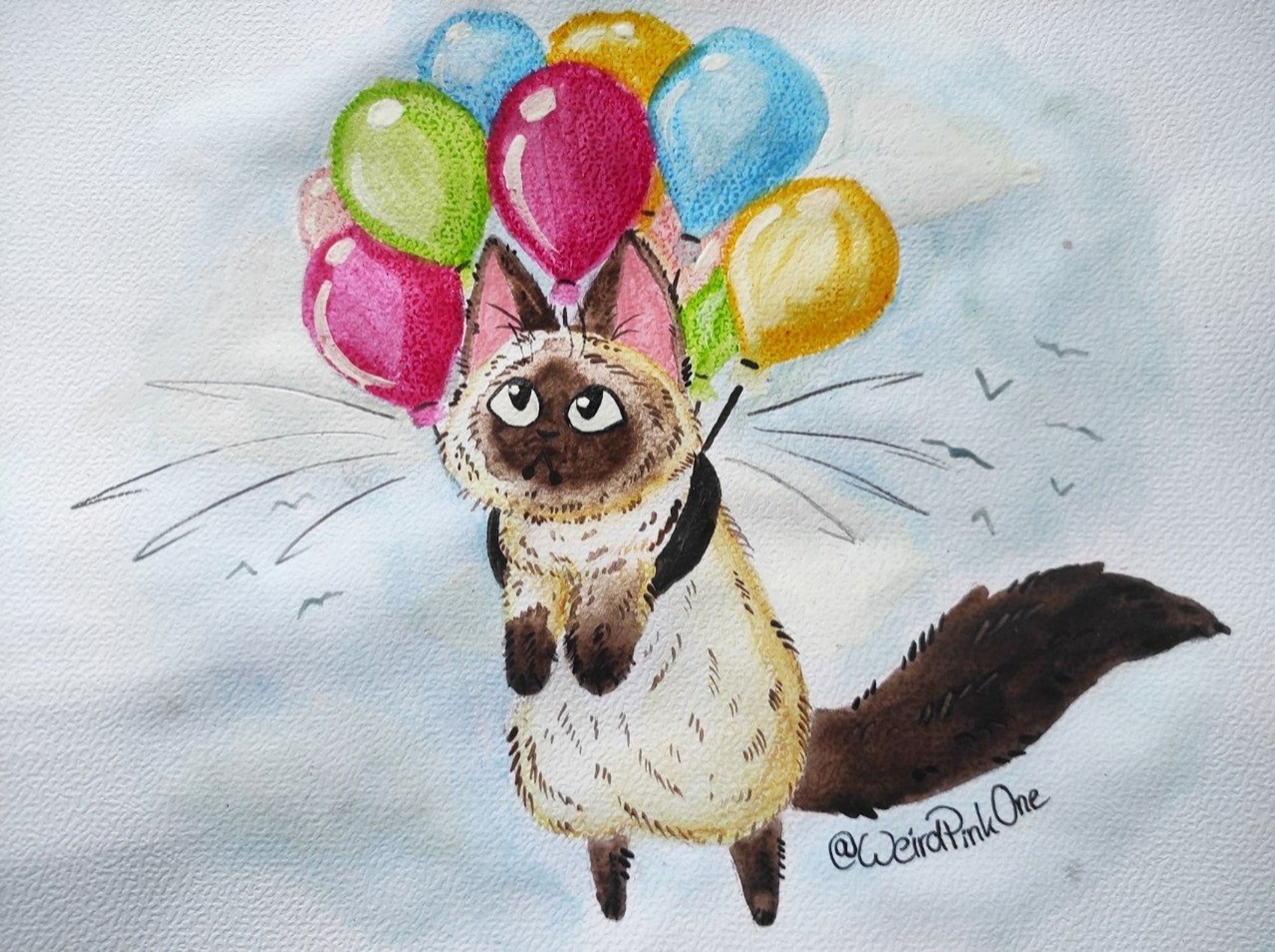 A brown and cream colored, very fluffy cat, flying/floating through the skies with a bunch of different colored balloons