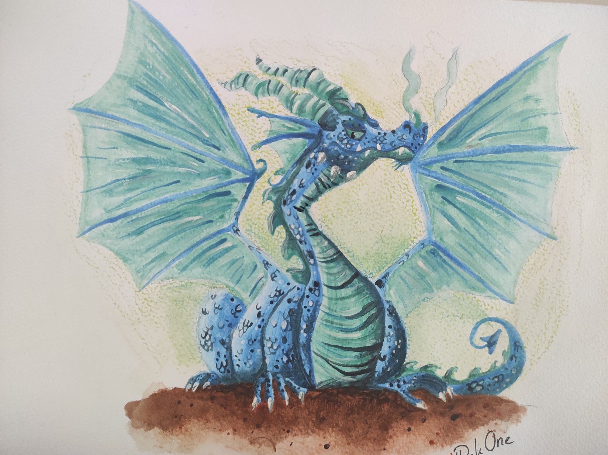 A blue dragon with spread wings and warped hornes sitting on the ground, watching the viewer. There is some sort of blue smoke rising from his nostrils. The style reminds of a mix between classic and modern literature illustrations.