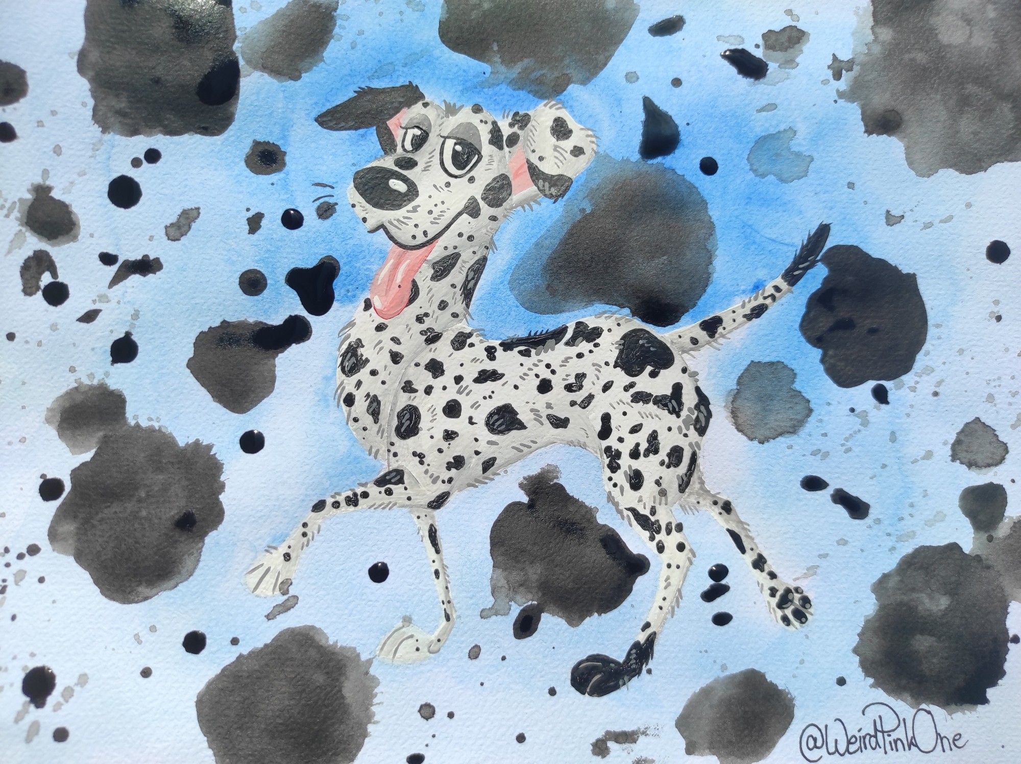 Watercolor painting of a heavily spotted dalmation on a heavily spotted blue background